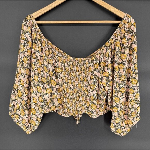 American Eagle Women's Off-Shoulder Floral Bohemian Blouse XXL Yellow Cropped - Picture 2 of 9